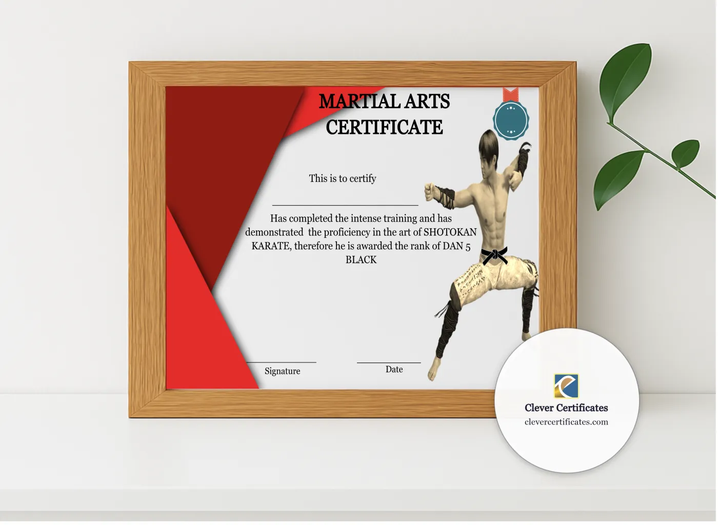 Realistic mockup featuring Martial Arts Certificate displayed within a modern frame, set against a minimalistic background.