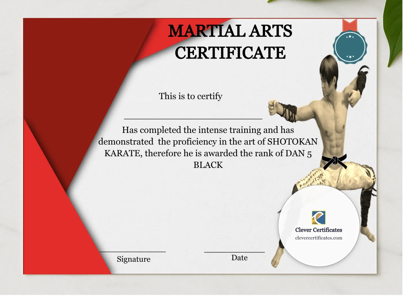 Martial Arts Certificate presented in a sleek wooden frame, elegantly arranged on a stylish table.