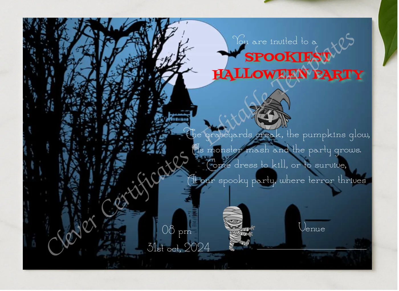 Halloween Party presented in a sleek wooden frame, elegantly arranged on a stylish table.
