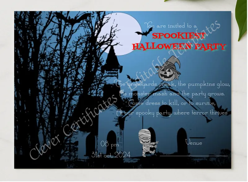 Halloween Party presented in a sleek wooden frame, elegantly arranged on a stylish table.
