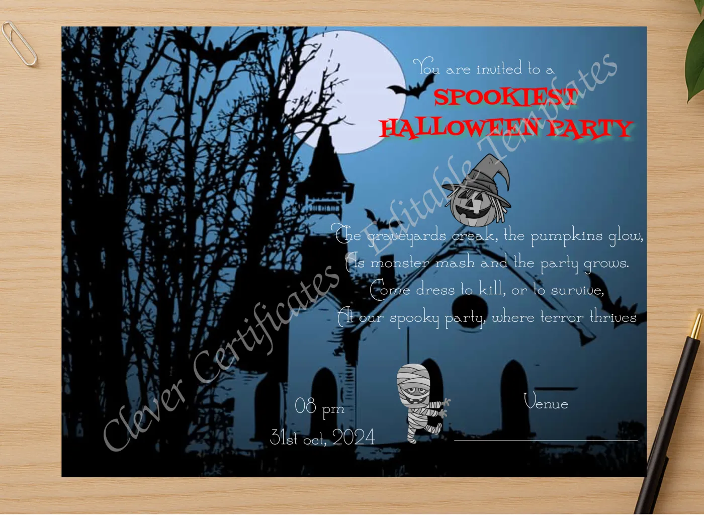 Professional preview of Halloween Party certificate on high-quality stationery paper, ideal for showcasing the final look.