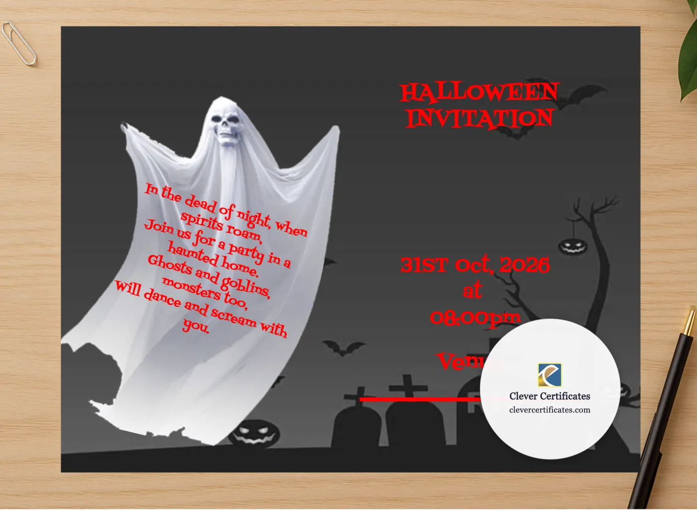 Professional preview of Halloween Fright Night certificate on high-quality stationery paper, ideal for showcasing the final look.