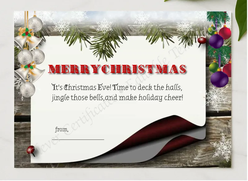Christmas Eve Card Editable presented in a sleek wooden frame, elegantly arranged on a stylish table.