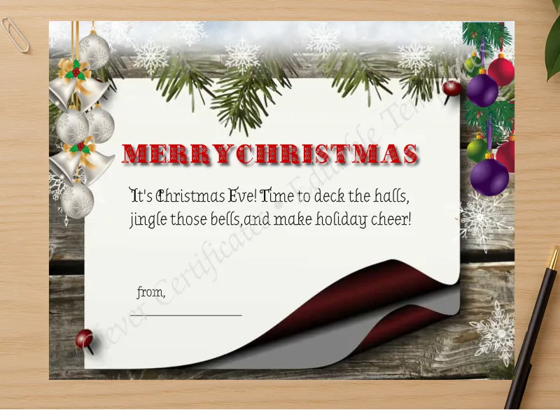 Professional preview of Christmas Eve Card Editable certificate on high-quality stationery paper, ideal for showcasing the final look.