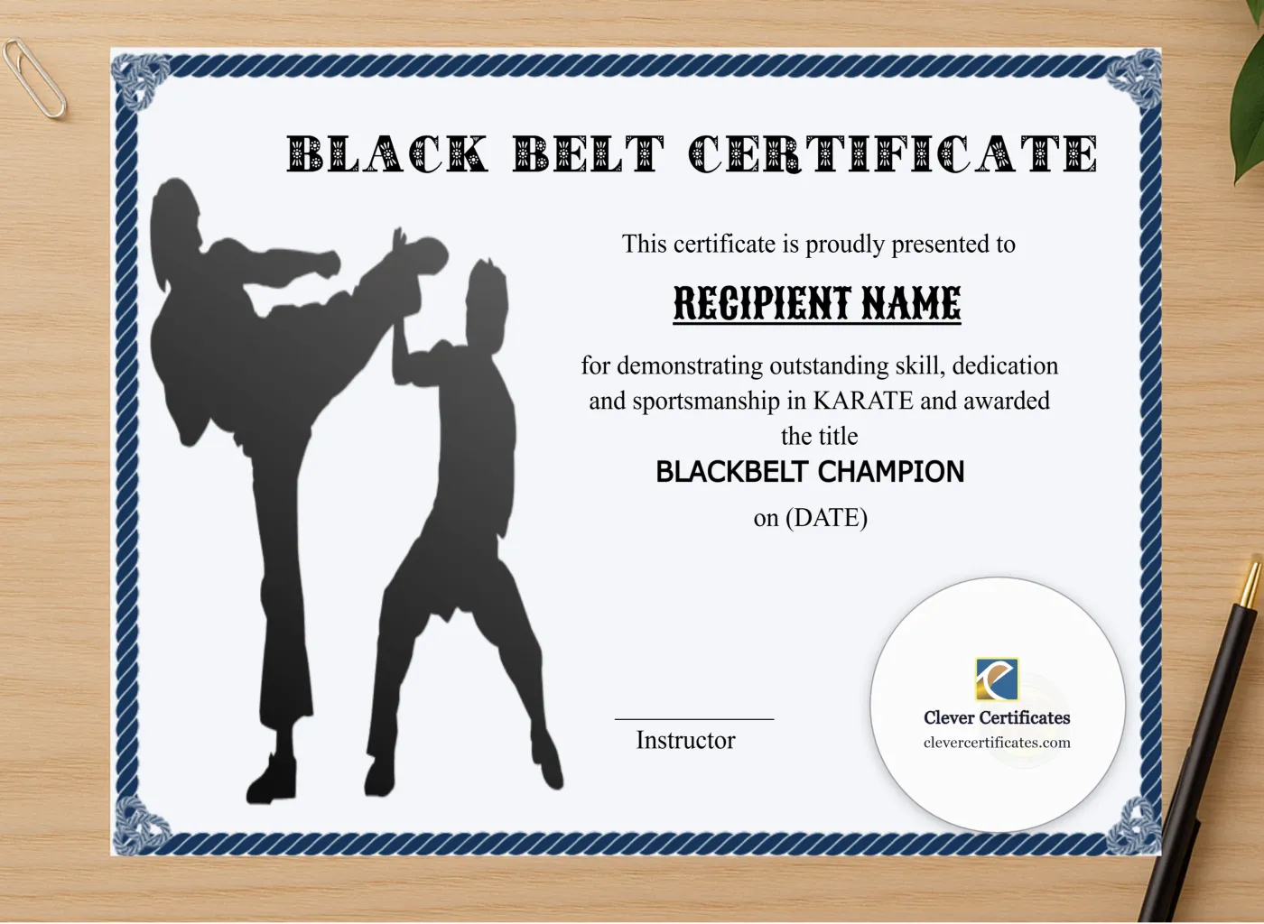 Professional preview of Blackbelt Award certificate on high-quality stationery paper, ideal for showcasing the final look.