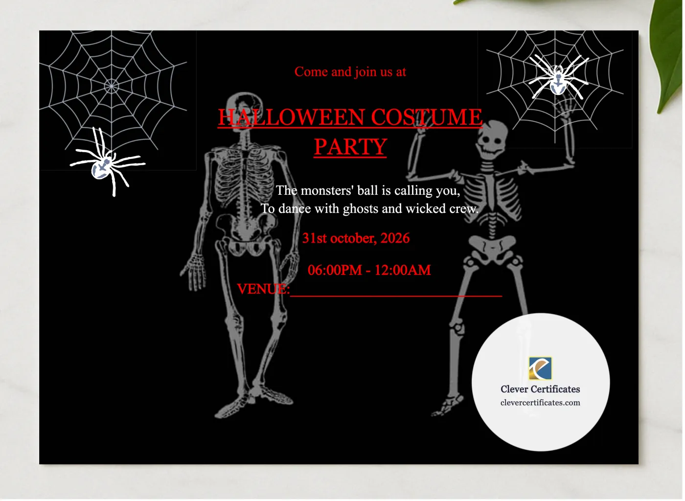 Halloween Costume Party presented in a sleek wooden frame, elegantly arranged on a stylish table.