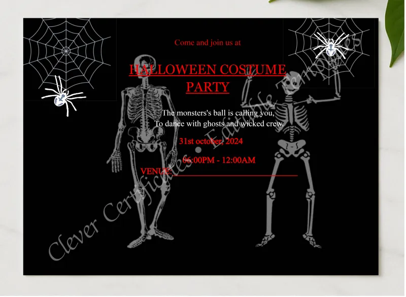 Halloween Costume Party presented in a sleek wooden frame, elegantly arranged on a stylish table.
