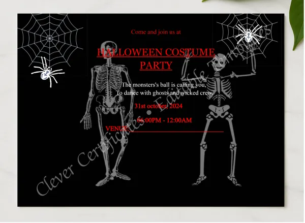 Halloween Costume Party presented in a sleek wooden frame, elegantly arranged on a stylish table.