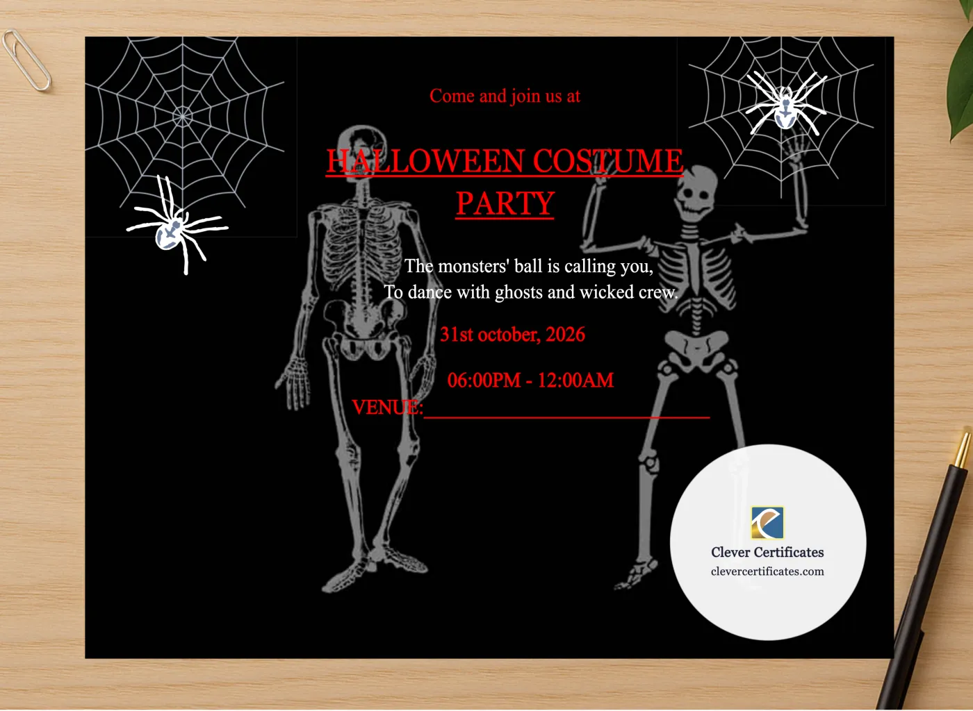 Professional preview of Halloween Costume Party certificate on high-quality stationery paper, ideal for showcasing the final look.
