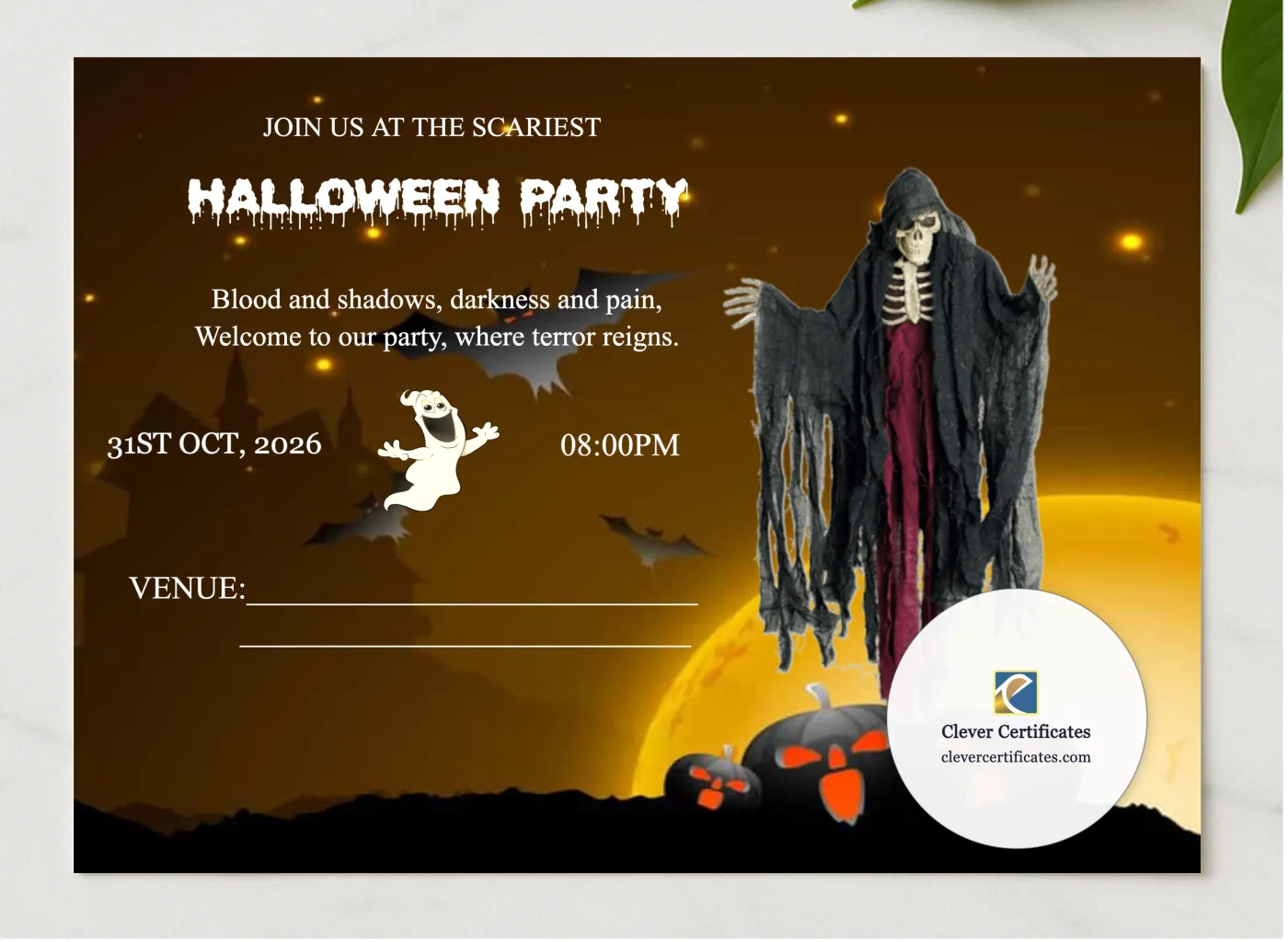 Scariest Halloween Invitation presented in a sleek wooden frame, elegantly arranged on a stylish table.