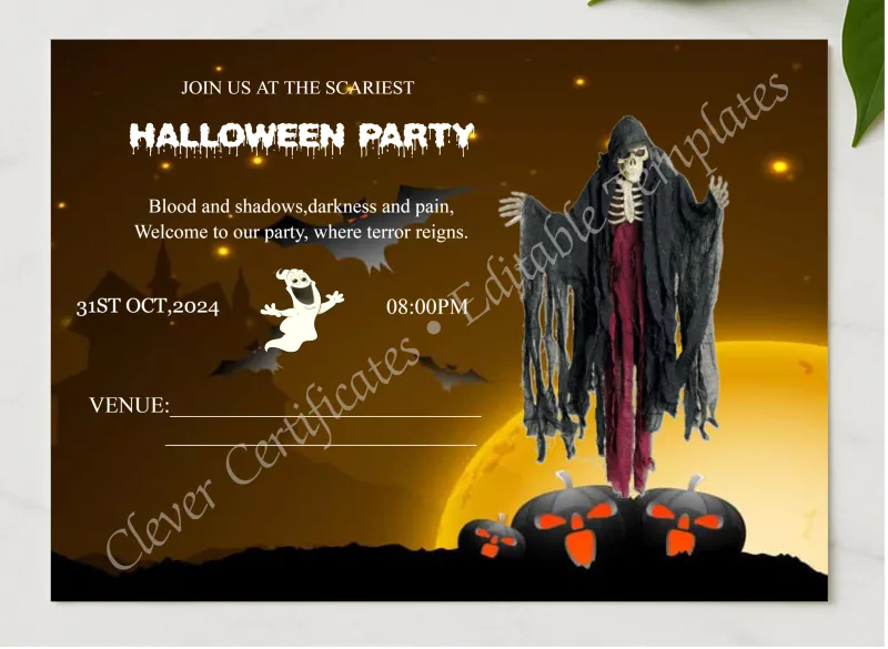 Scariest Halloween Invitation presented in a sleek wooden frame, elegantly arranged on a stylish table.