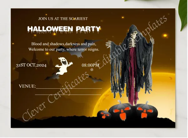 Scariest Halloween Invitation presented in a sleek wooden frame, elegantly arranged on a stylish table.