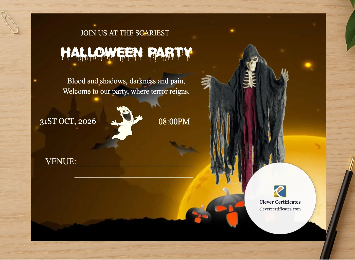Professional preview of Scariest Halloween Invitation certificate on high-quality stationery paper, ideal for showcasing the final look.