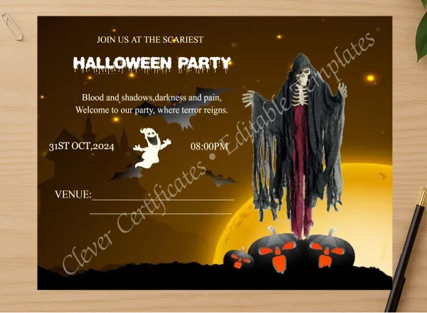 Professional preview of Scariest Halloween Invitation certificate on high-quality stationery paper, ideal for showcasing the final look.