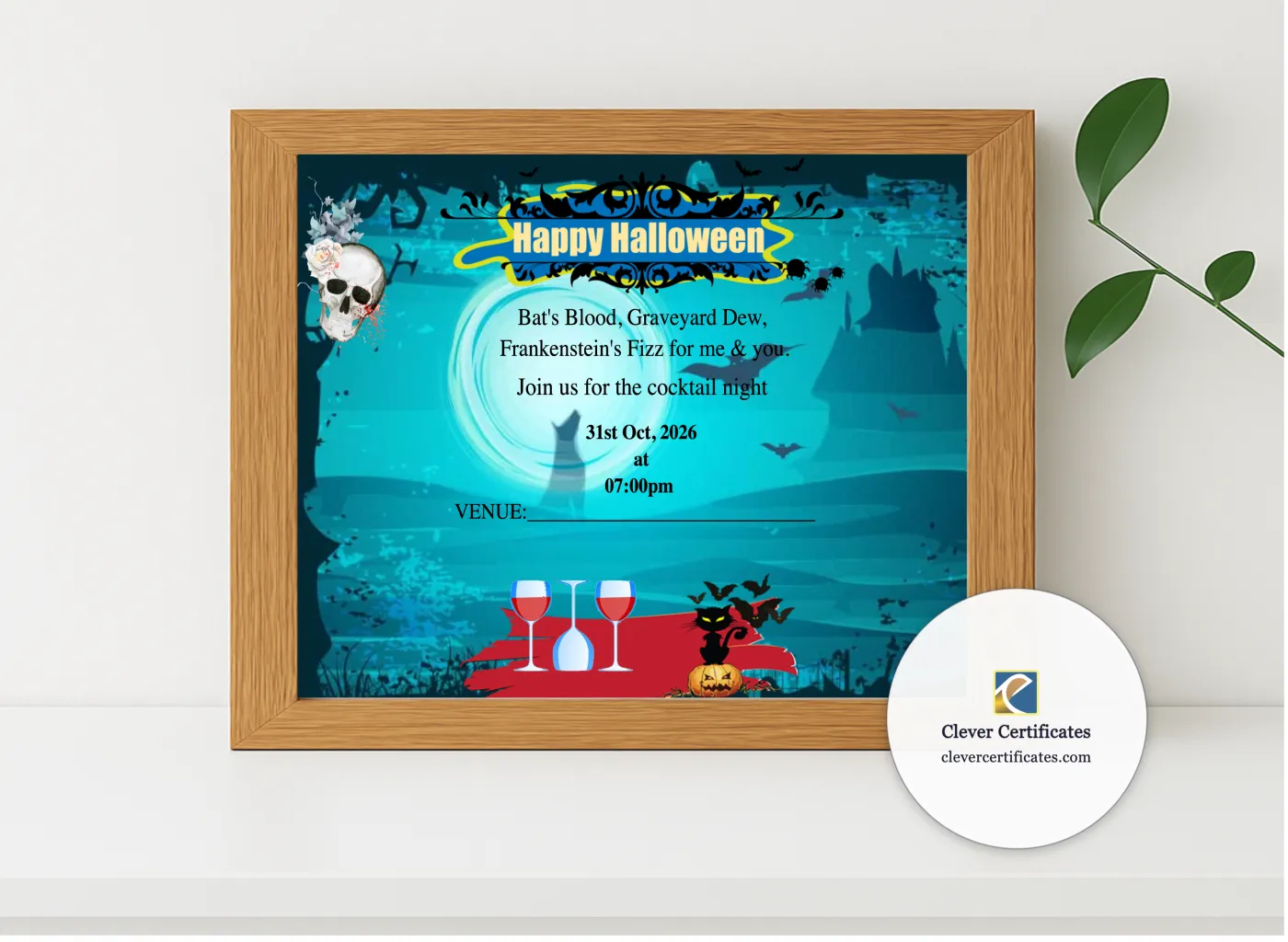 Realistic mockup featuring Boo And Booze Halloween Cocktail Party displayed within a modern frame, set against a minimalistic background.