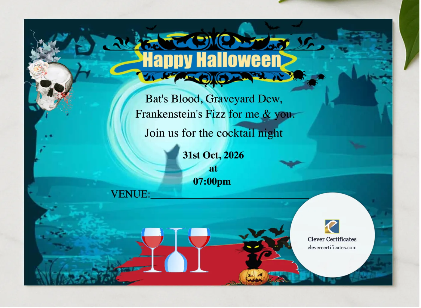 Boo And Booze Halloween Cocktail Party presented in a sleek wooden frame, elegantly arranged on a stylish table.