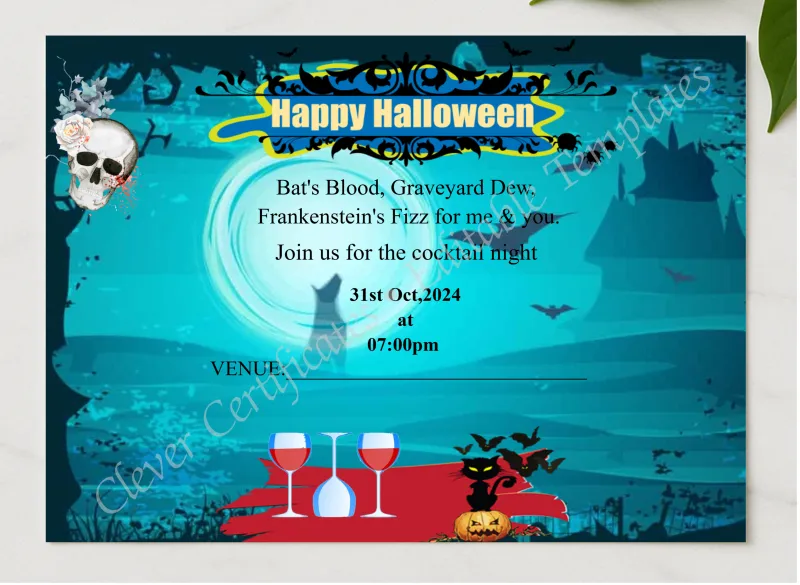 Boo And Booze Halloween Cocktail Party presented in a sleek wooden frame, elegantly arranged on a stylish table.