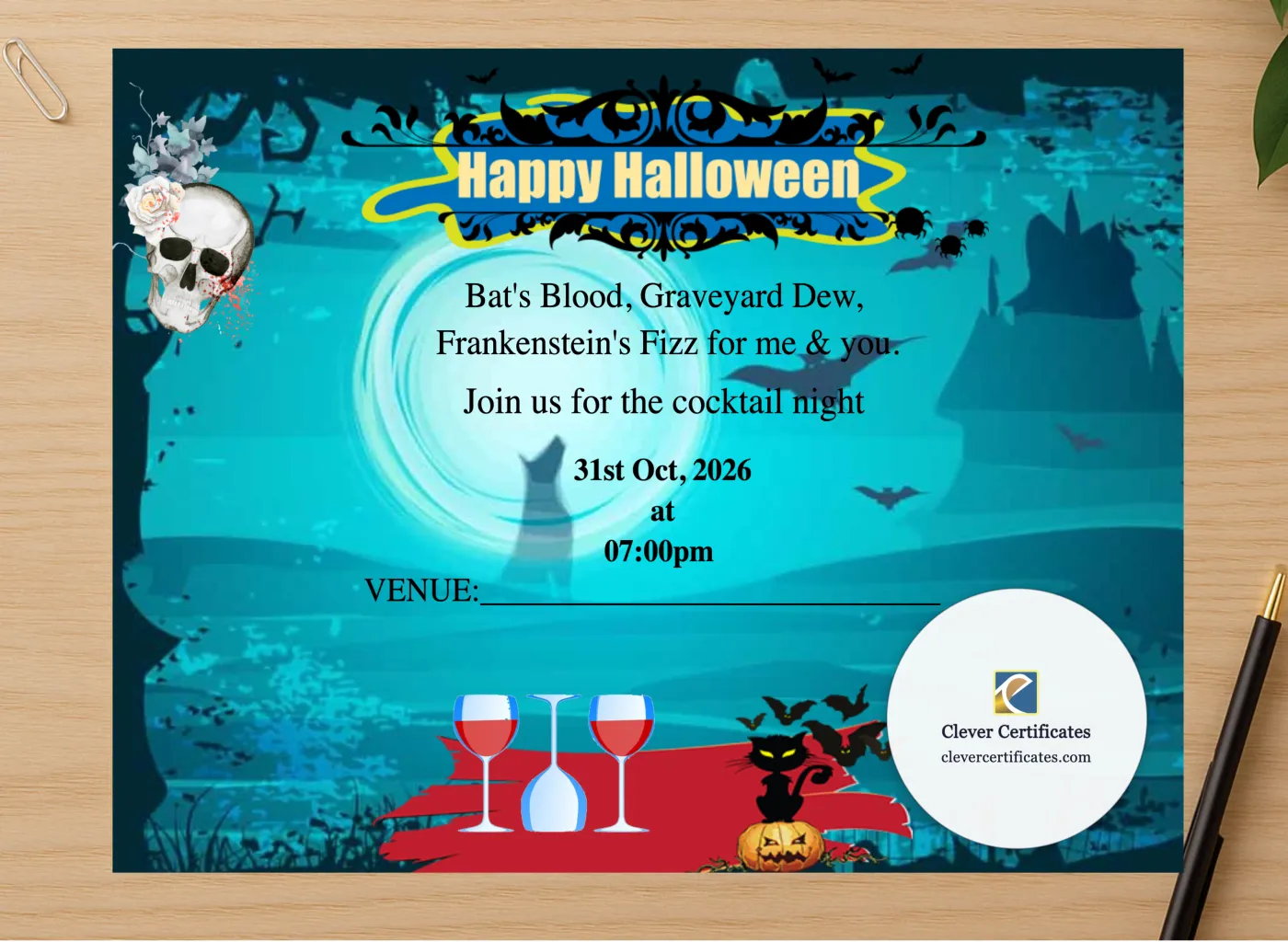 Professional preview of Boo And Booze Halloween Cocktail Party certificate on high-quality stationery paper, ideal for showcasing the final look.