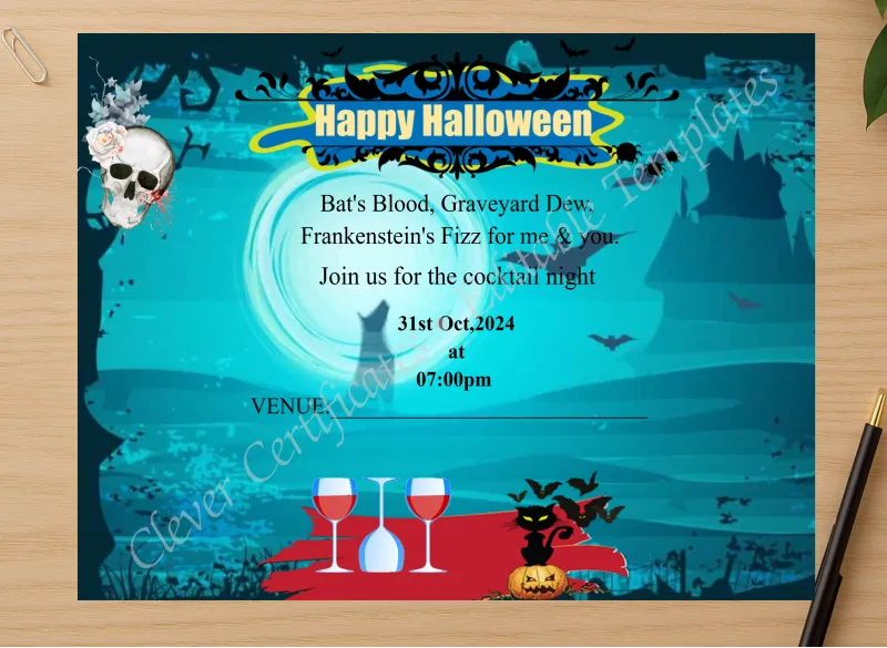 Professional preview of Boo And Booze Halloween Cocktail Party certificate on high-quality stationery paper, ideal for showcasing the final look.