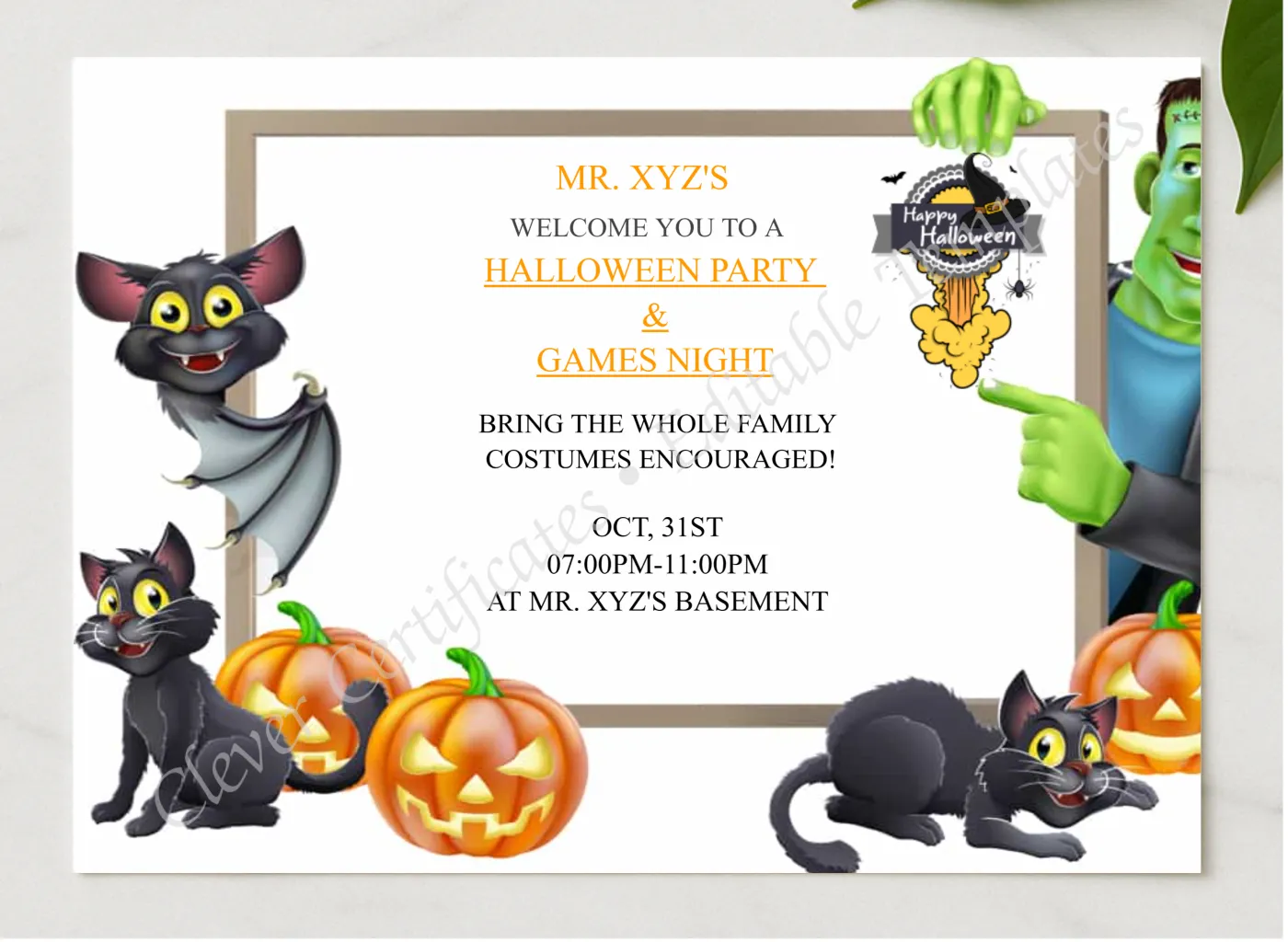 Halloween Night Games presented in a sleek wooden frame, elegantly arranged on a stylish table.
