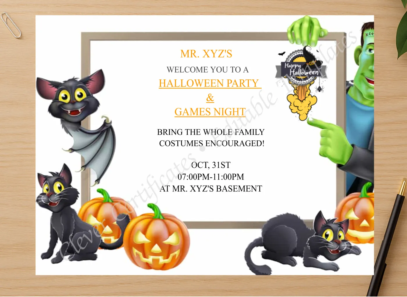 Professional preview of Halloween Night Games certificate on high-quality stationery paper, ideal for showcasing the final look.