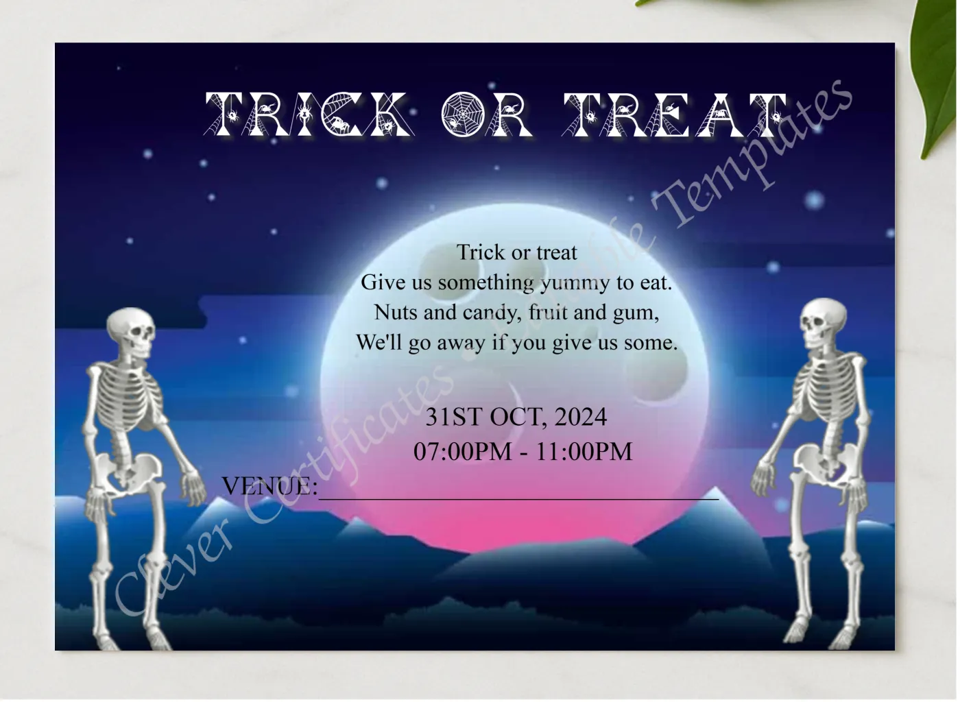 Halloween Trick Or Treat presented in a sleek wooden frame, elegantly arranged on a stylish table.