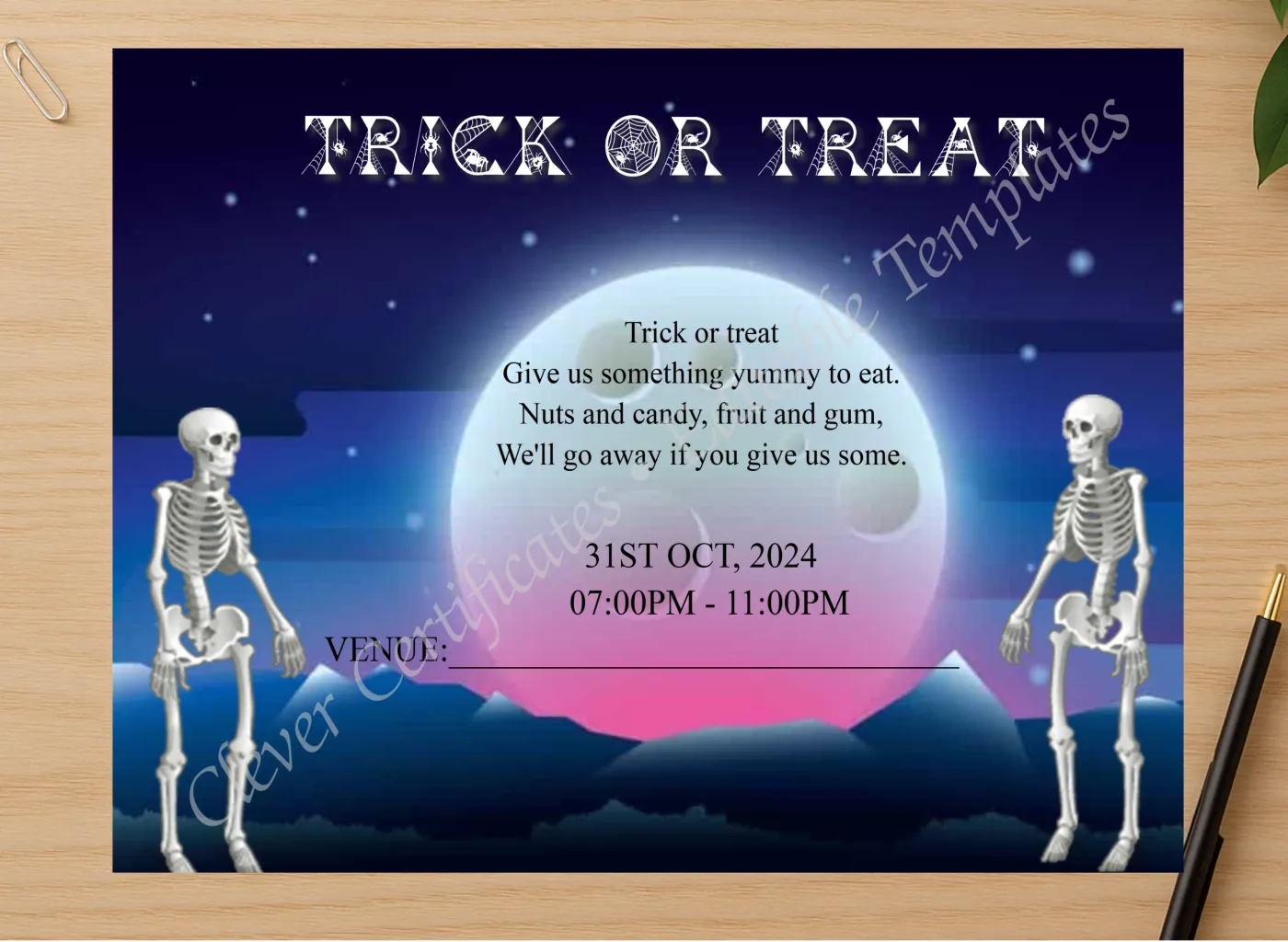 Professional preview of Halloween Trick Or Treat certificate on high-quality stationery paper, ideal for showcasing the final look.