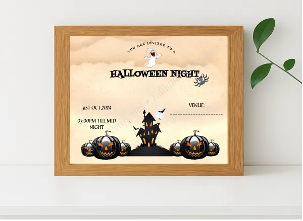 Realistic mockup featuring Halloween Night displayed within a modern frame, set against a minimalistic background.