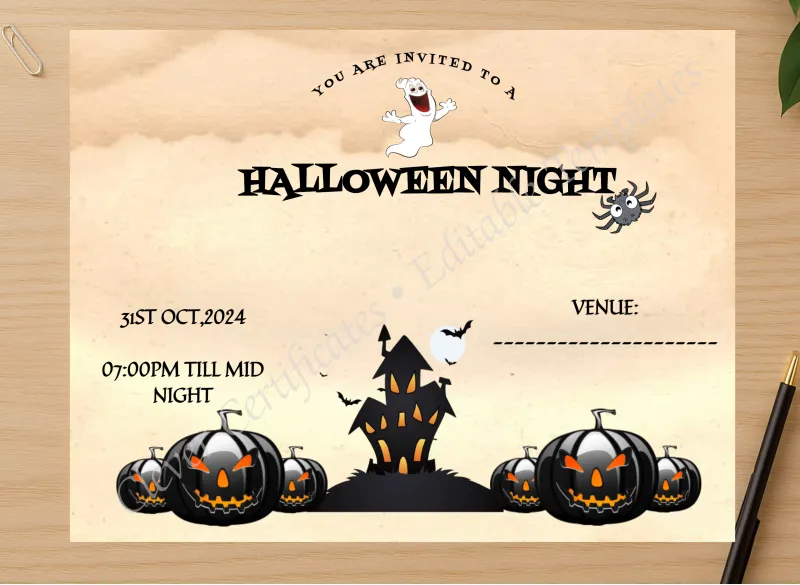 Professional preview of Halloween Night certificate on high-quality stationery paper, ideal for showcasing the final look.