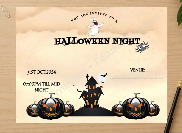 Professional preview of Halloween Night certificate on high-quality stationery paper, ideal for showcasing the final look.