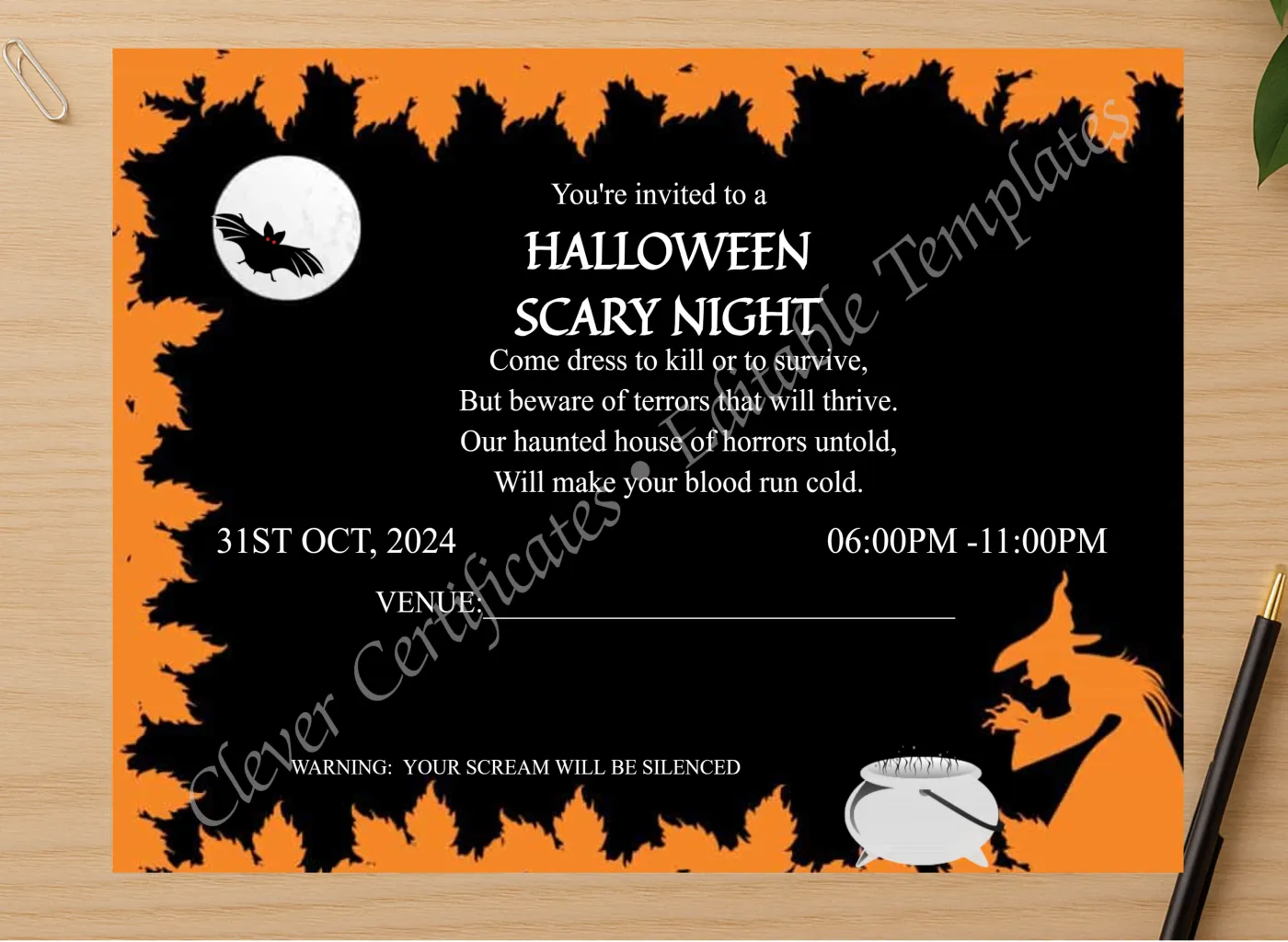 Professional preview of Halloween Scary Night certificate on high-quality stationery paper, ideal for showcasing the final look.