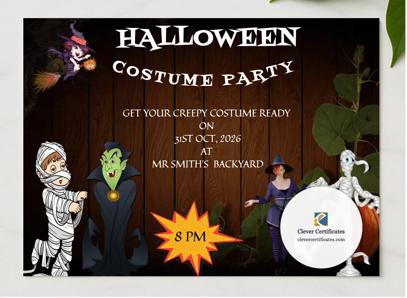 Halloween Costume Night presented in a sleek wooden frame, elegantly arranged on a stylish table.