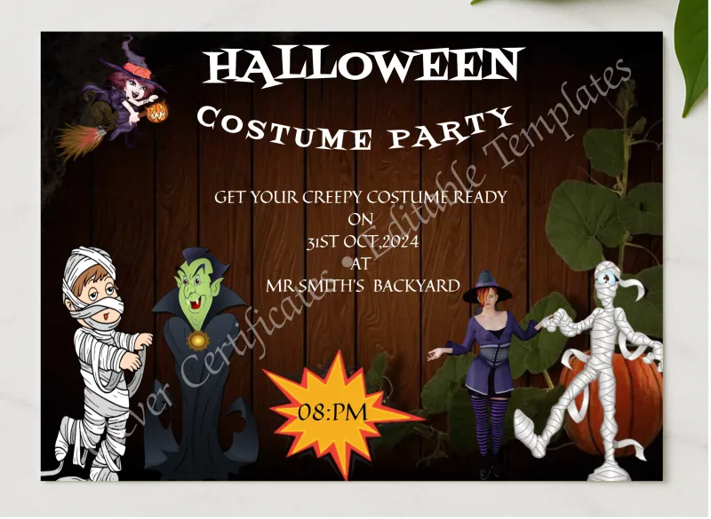 Halloween Costume Night presented in a sleek wooden frame, elegantly arranged on a stylish table.