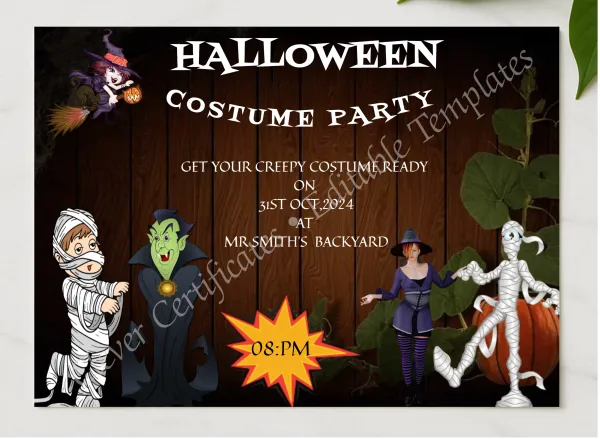 Halloween Costume Night presented in a sleek wooden frame, elegantly arranged on a stylish table.