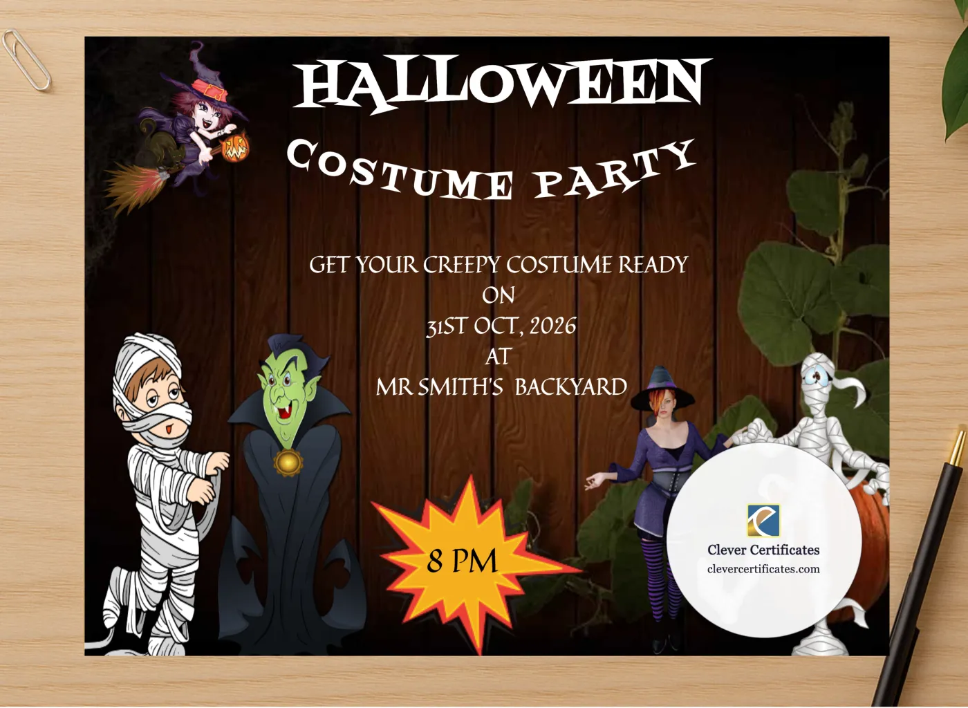 Professional preview of Halloween Costume Night certificate on high-quality stationery paper, ideal for showcasing the final look.