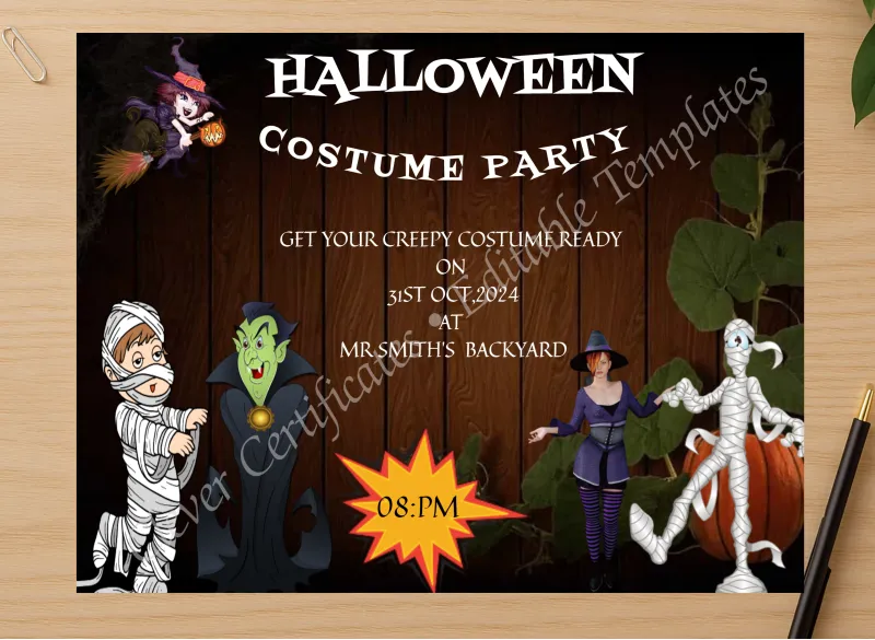 Professional preview of Halloween Costume Night certificate on high-quality stationery paper, ideal for showcasing the final look.
