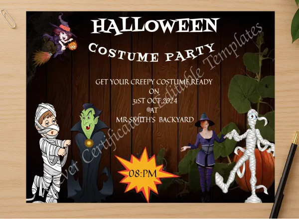 Professional preview of Halloween Costume Night certificate on high-quality stationery paper, ideal for showcasing the final look.