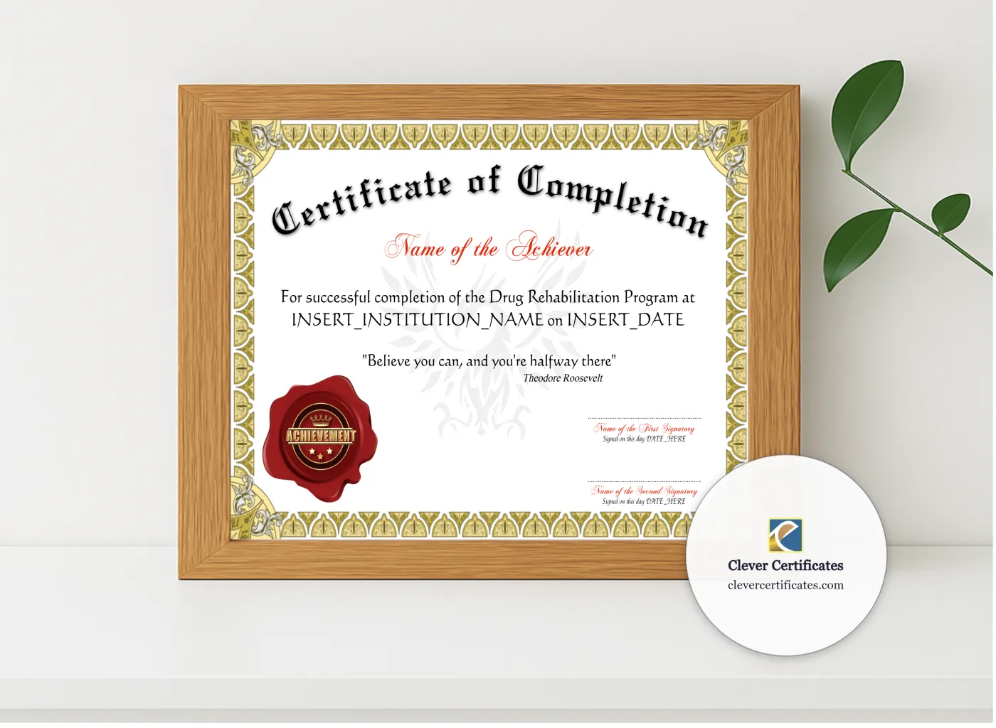 Realistic mockup featuring Certificate Of Completion displayed within a modern frame, set against a minimalistic background.