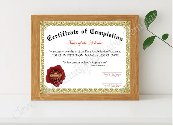Realistic mockup featuring Certificate Of Completion displayed within a modern frame, set against a minimalistic background.