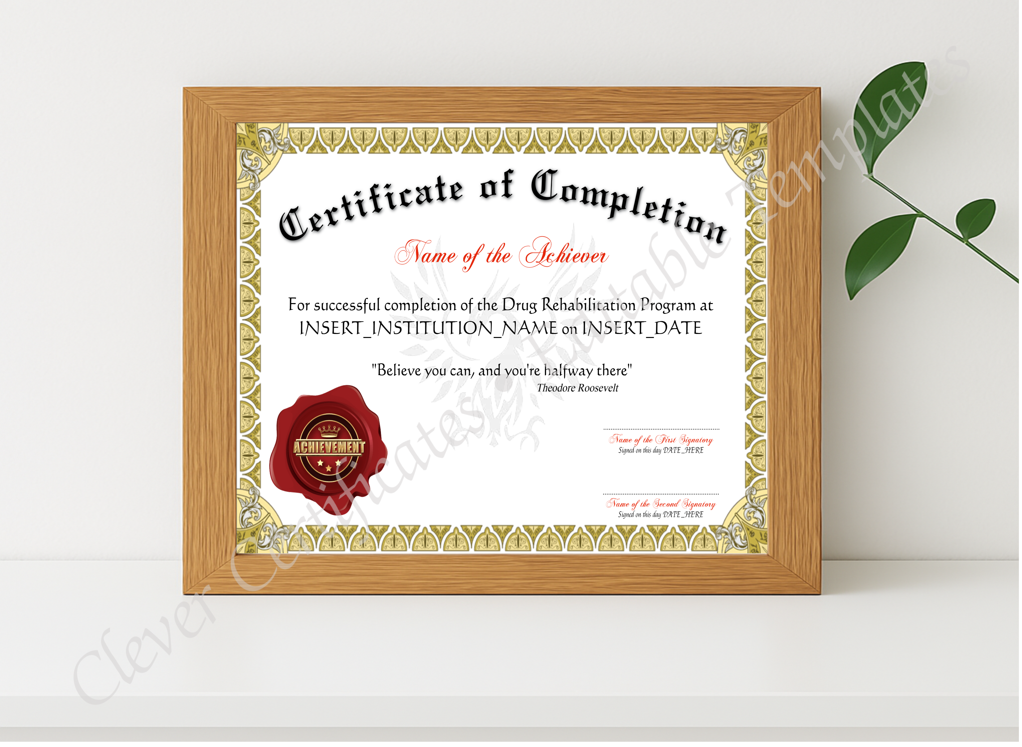 Realistic mockup featuring Certificate Of Completion displayed within a modern frame, set against a minimalistic background.