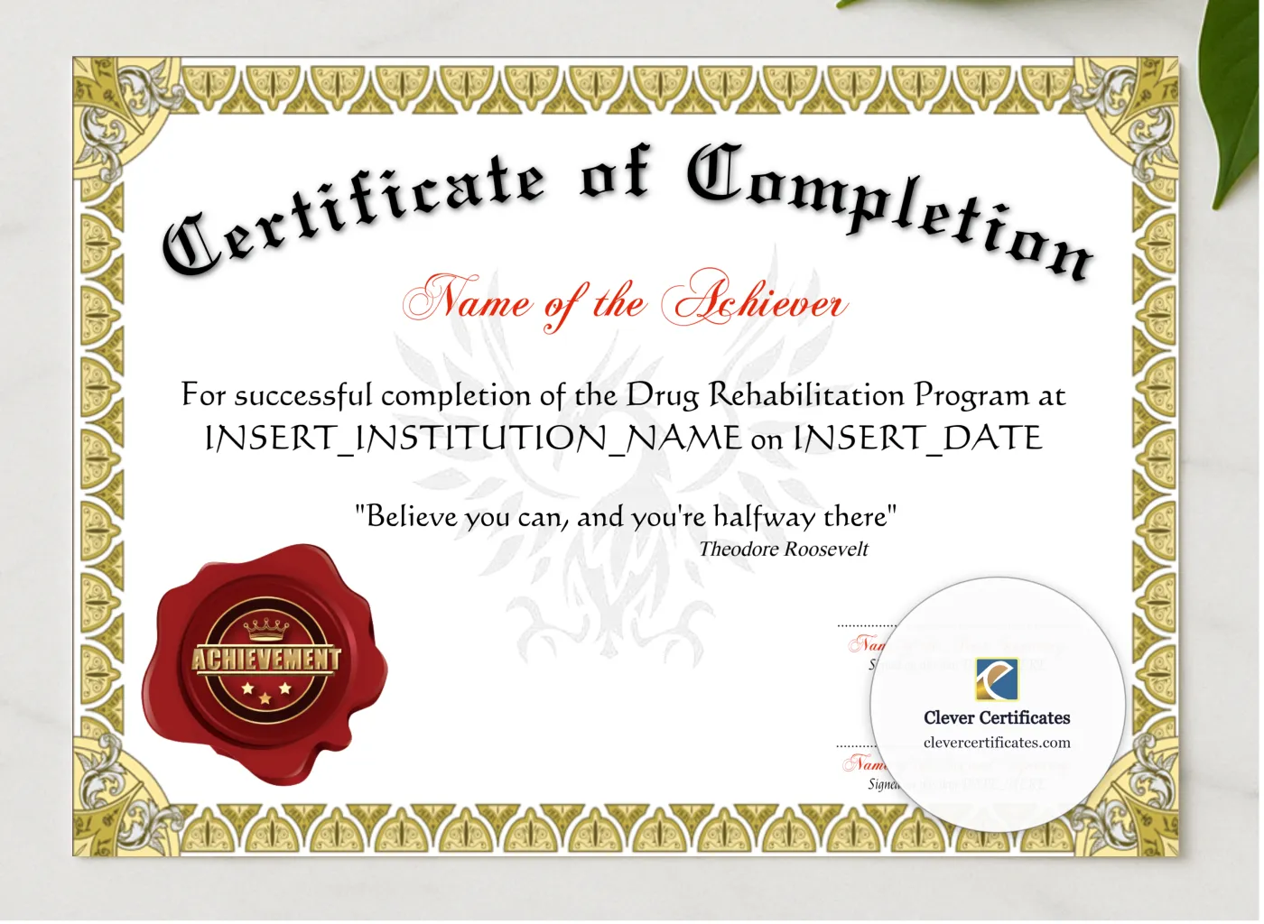 Certificate Of Completion presented in a sleek wooden frame, elegantly arranged on a stylish table.