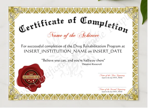 Certificate Of Completion presented in a sleek wooden frame, elegantly arranged on a stylish table.