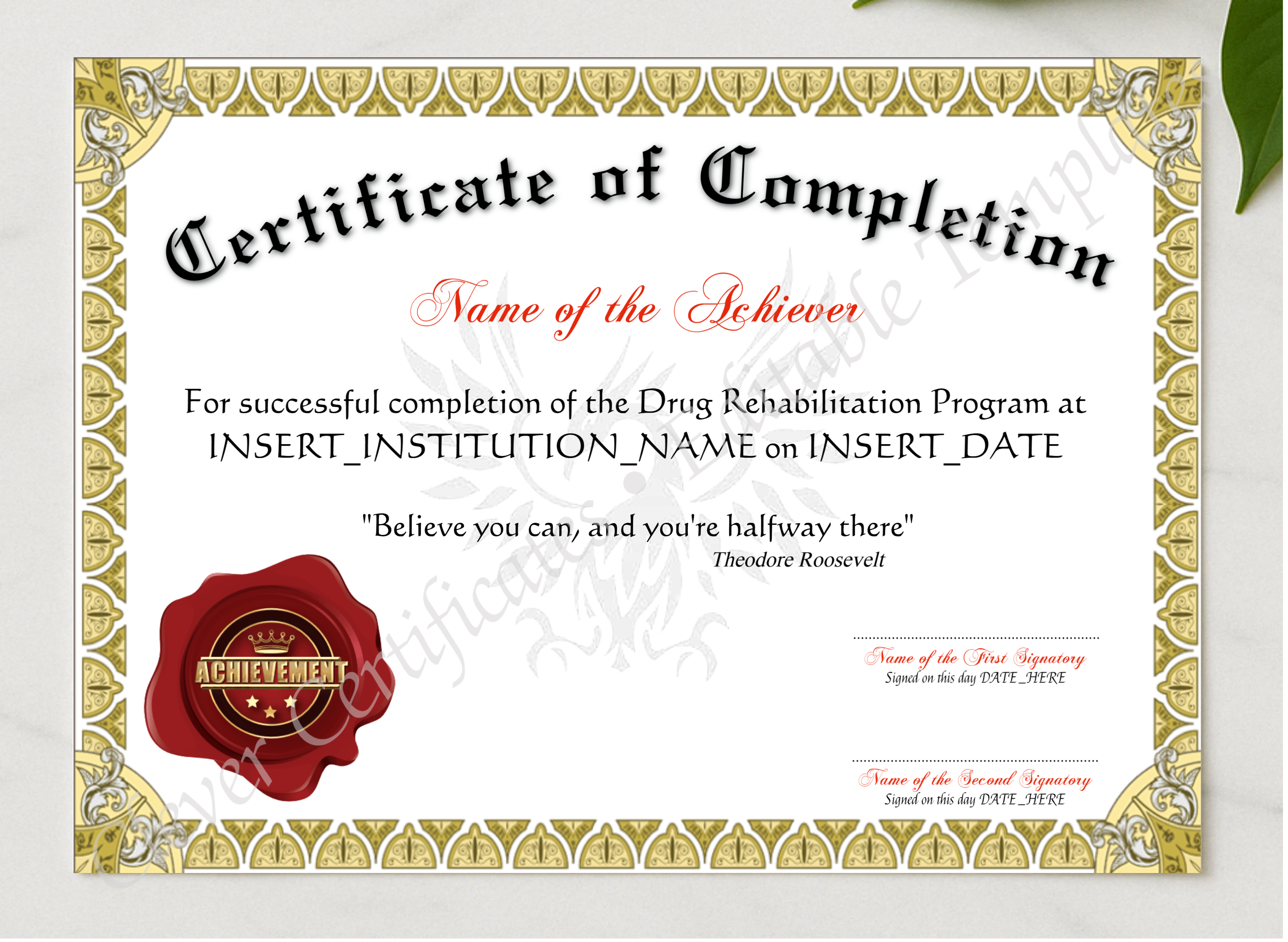 Certificate Of Completion presented in a sleek wooden frame, elegantly arranged on a stylish table.