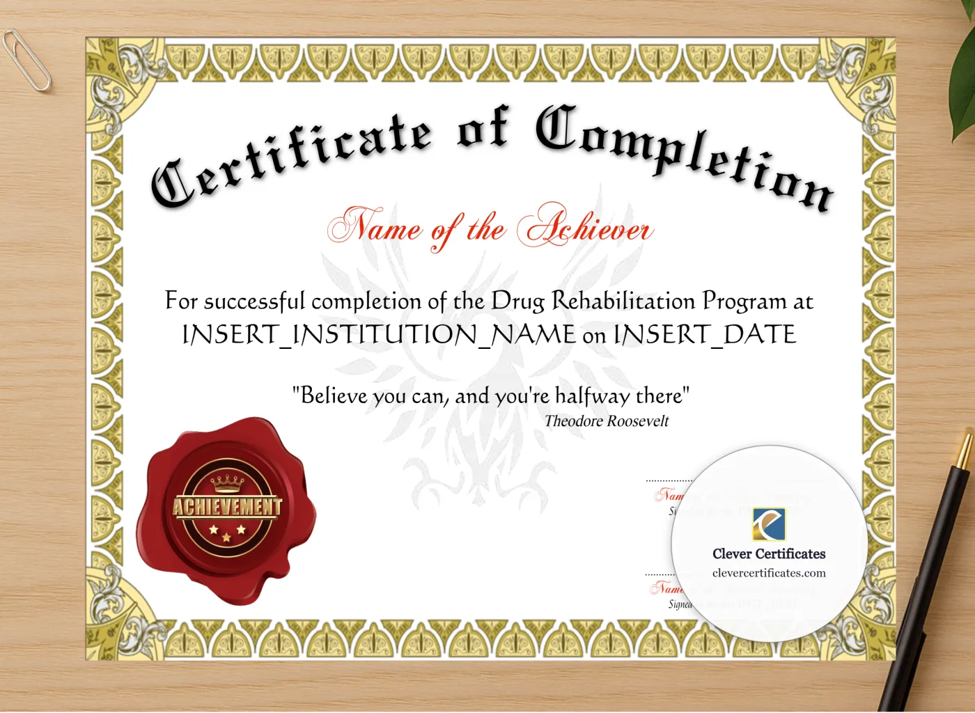 Professional preview of Certificate Of Completion certificate on high-quality stationery paper, ideal for showcasing the final look.