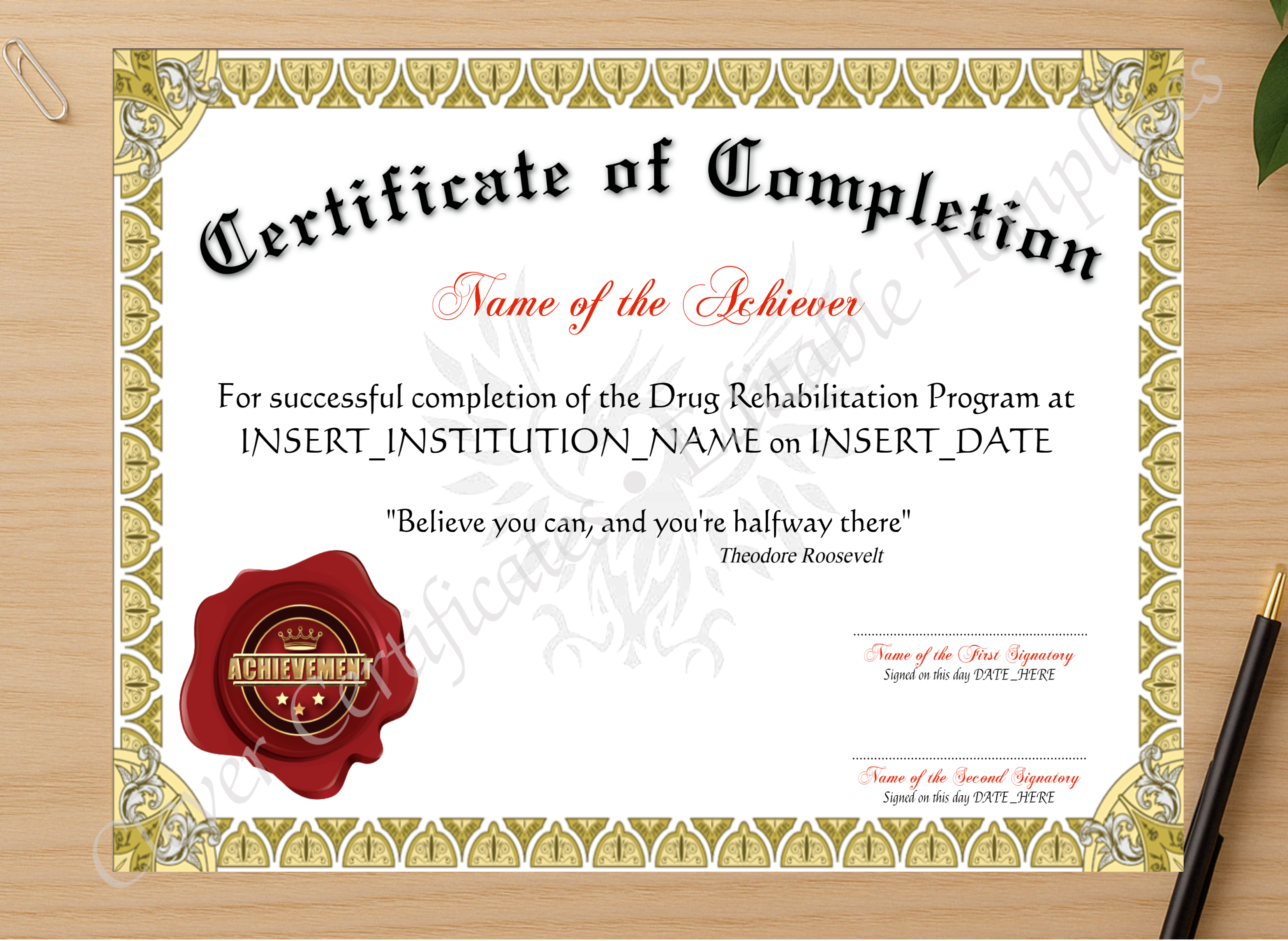 Professional preview of Certificate Of Completion certificate on high-quality stationery paper, ideal for showcasing the final look.