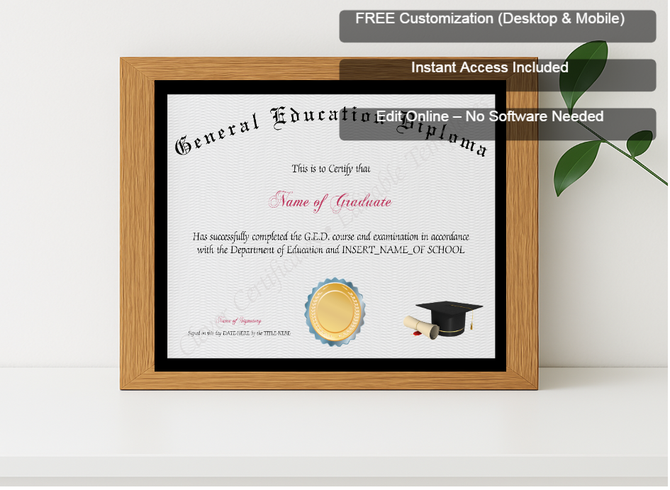 Premium mockup with Free Editor badge stack for General Education Diploma