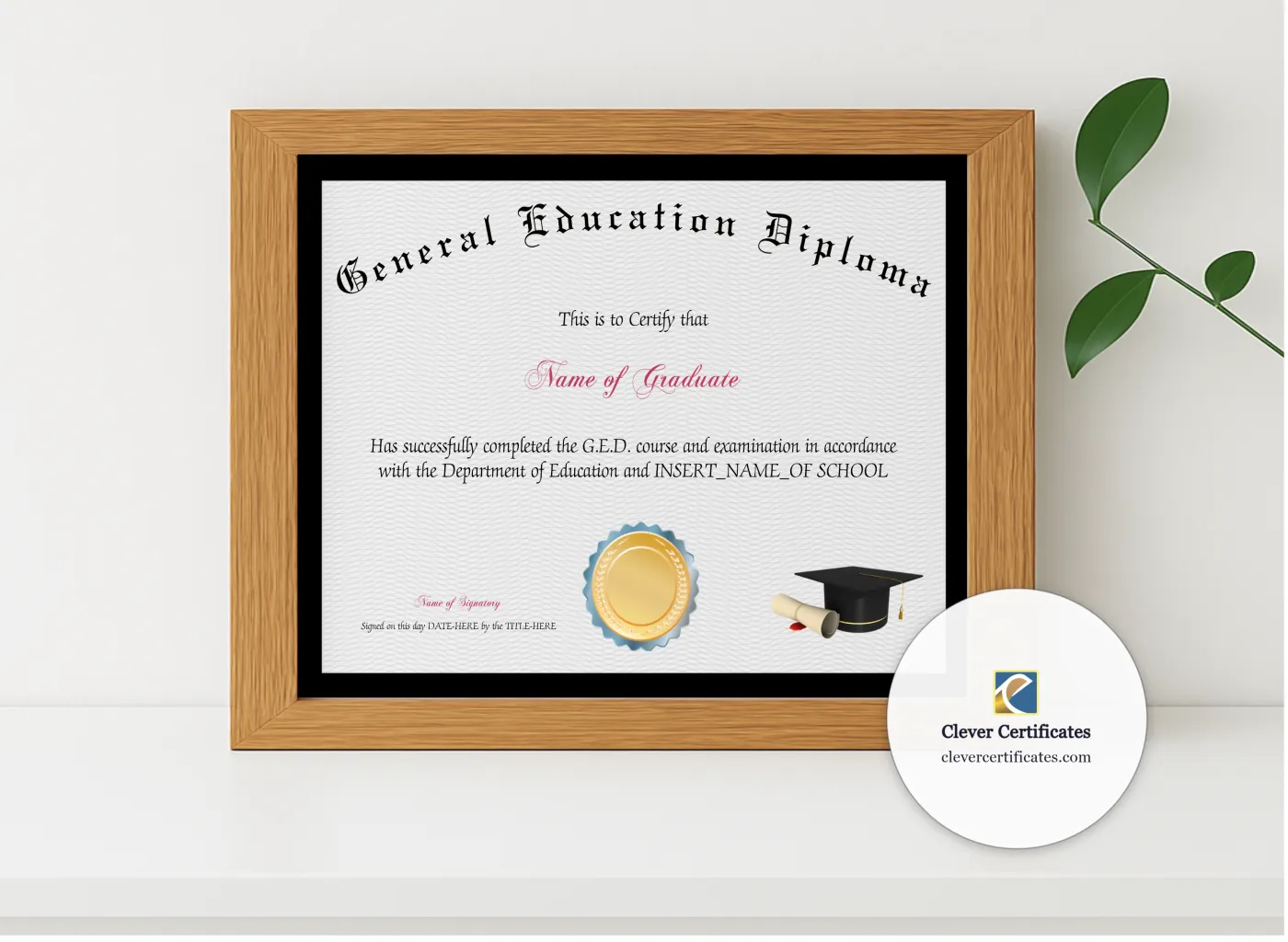 Realistic mockup featuring General Education Diploma displayed within a modern frame, set against a minimalistic background.