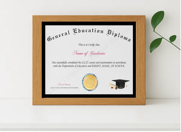 Realistic mockup featuring General Education Diploma displayed within a modern frame, set against a minimalistic background.