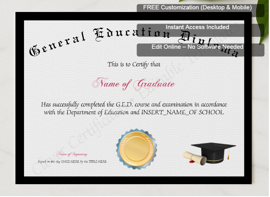 Framed preview featuring Free Editor badge stack for General Education Diploma