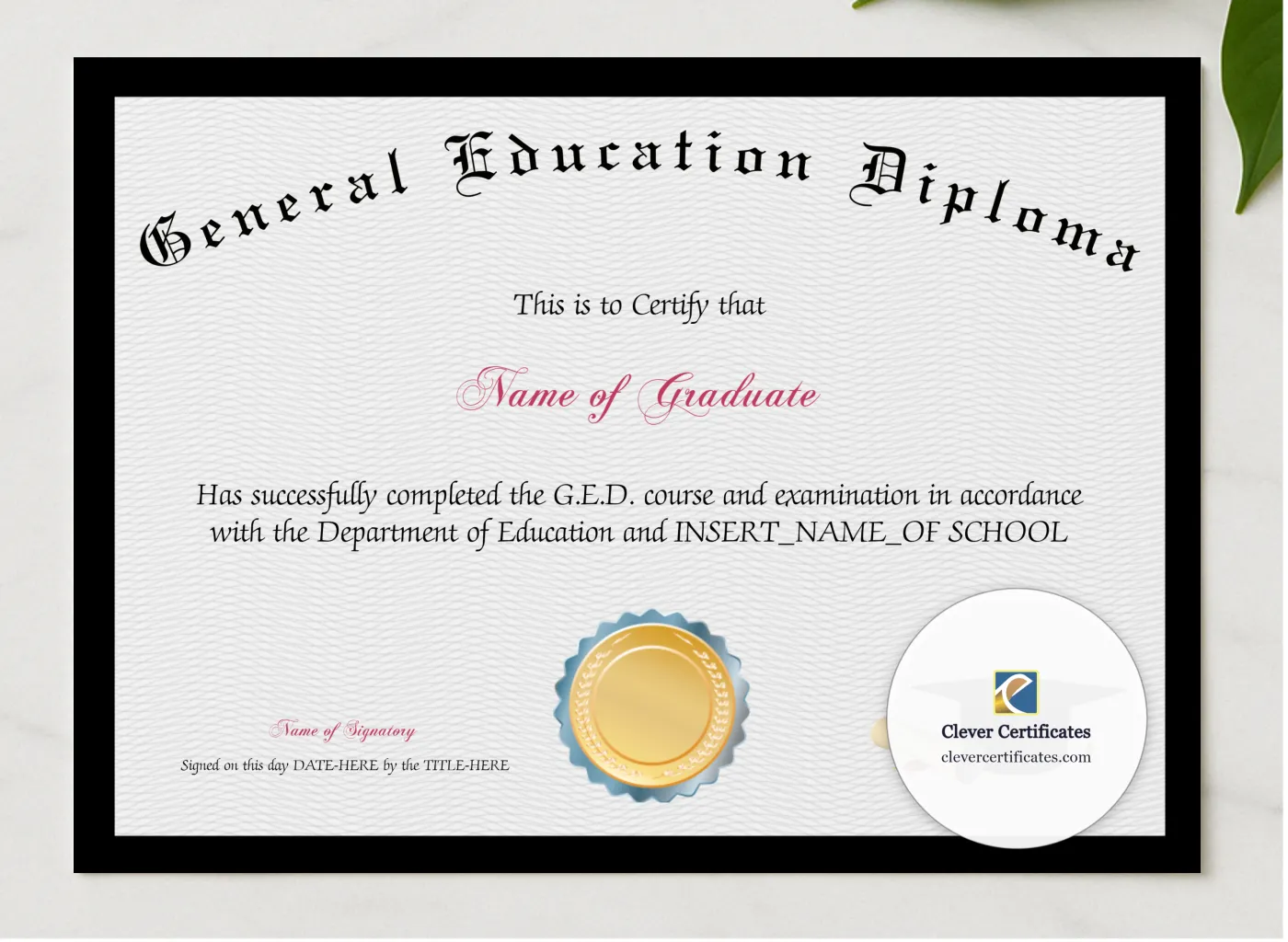 General Education Diploma presented in a sleek wooden frame, elegantly arranged on a stylish table.